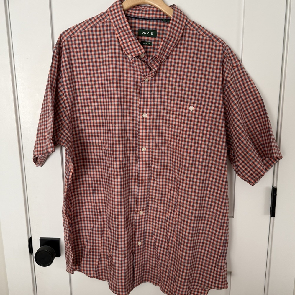 Orvis Mens XXL Classic Fit Gingham Button Down Shirt Orange Grey Check Cotton